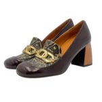 Décolleté Mocassino Chie Mihara in Pelle Lucida Marrone e Dettagli Oro Tacco grosso 8m art. Sybro - immagine 2