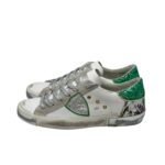 Sneakers Donna Philippe Model Paris Prsx In Pelle Bianca Animalier Inserti Camoscio Spoiler Verde Glitter art. PRLD VAN1 - immagine 5
