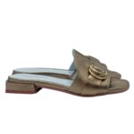 Ciabatta Lorenzo Mari In Pelle Platino Fibbia Oro Tacco 3 cm art. Samu Mag 37