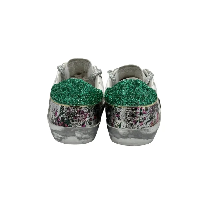 Sneakers Donna Philippe Model Paris Prsx In Pelle Bianca Animalier Inserti Camoscio Spoiler Verde Glitter art. PRLD VAN1, foto 6 di 6