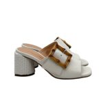 Sandalo Mules Sabot Lorenzo Mari in Nappa Bianca Dettaglio Fibbia Regolabile Tacco in Rafia 7 cm art. Fresia 03
