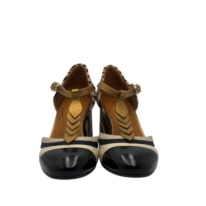 Décolleté Chie Mihara in nappa Avorio, Cinturino Oro e Dettagli in Cavallino Zebrato, Tacco grosso 7 cm art. Filly, foto 3 di 6