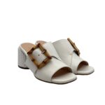 Sandalo Mules Sabot Lorenzo Mari in Nappa Bianca Dettaglio Fibbia Regolabile Tacco in Rafia 7 cm art. Fresia 03 - immagine 2