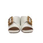 Sandalo Mules Sabot Lorenzo Mari in Nappa Bianca Dettaglio Fibbia Regolabile Tacco in Rafia 7 cm art. Fresia 03 - immagine 3
