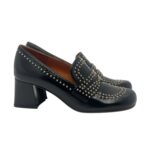Décolleté Mocassino Chie Mihara in Pelle Lucida Nera e Borchie Tacco grosso 6 cm art. Muleah