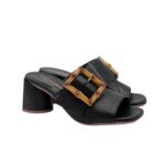 Sandalo Mules Sabot Lorenzo Mari in Nappa Nera Dettaglio Fibbia Regolabile Tacco 7 cm art. Fresia 03