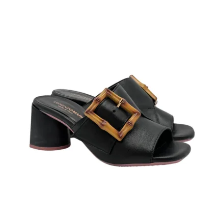 Sandalo Mules Sabot Lorenzo Mari in Nappa Nera Dettaglio Fibbia Regolabile Tacco 7 cm art. Fresia 03