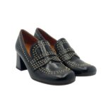 Décolleté Mocassino Chie Mihara in Pelle Lucida Nera e Borchie Tacco grosso 6 cm art. Muleah - immagine 2