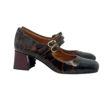 Décolleté Chie Mihara in Pelle Lucida Nera e Marrone Fantasia Leopardo Tacco grosso 5 cm art. VOLCANO47