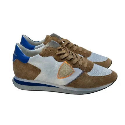 Sneakers Uomo Philippe Model Paris In Pelle Tessuto Celeste e Camoscio Marrone Spoiler Blu art. TZLU WP31