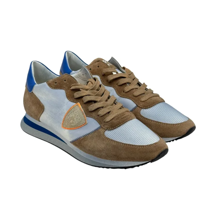 Sneakers Uomo Philippe Model Paris In Pelle Tessuto Celeste e Camoscio Marrone Spoiler Blu art. TZLU WP31, foto 4 di 5