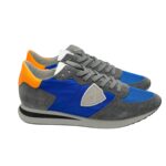 Sneakers Uomo Philippe Model In Tessuto Blu Camoscio Grigio Spoiler Arancio Fluo cod. TZLU WN56