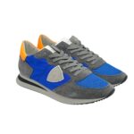 Sneakers Uomo Philippe Model In Tessuto Blu Camoscio Grigio Spoiler Arancio Fluo cod. TZLU WN56 - immagine 2