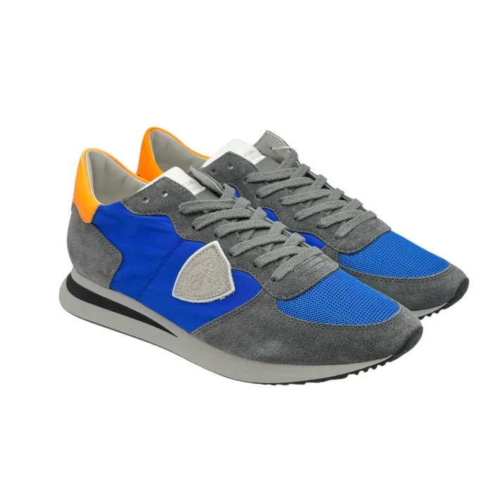 Sneakers Uomo Philippe Model In Tessuto Blu Camoscio Grigio Spoiler Arancio Fluo cod. TZLU WN56, foto 2 di 6