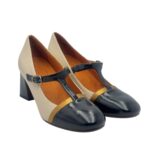 Décolleté Chie Mihara in nappa Avorio, Cinturino Nero lucido e Dettagli Oro, Tacco grosso 7 cm art. Felinor - immagine 2