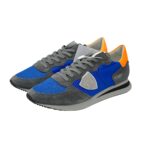 Sneakers Uomo Philippe Model In Tessuto Blu Camoscio Grigio Spoiler Arancio Fluo cod. TZLU WN56 - immagine 5