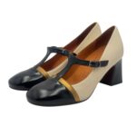 Décolleté Chie Mihara in nappa Avorio, Cinturino Nero lucido e Dettagli Oro, Tacco grosso 7 cm art. Felinor - immagine 5