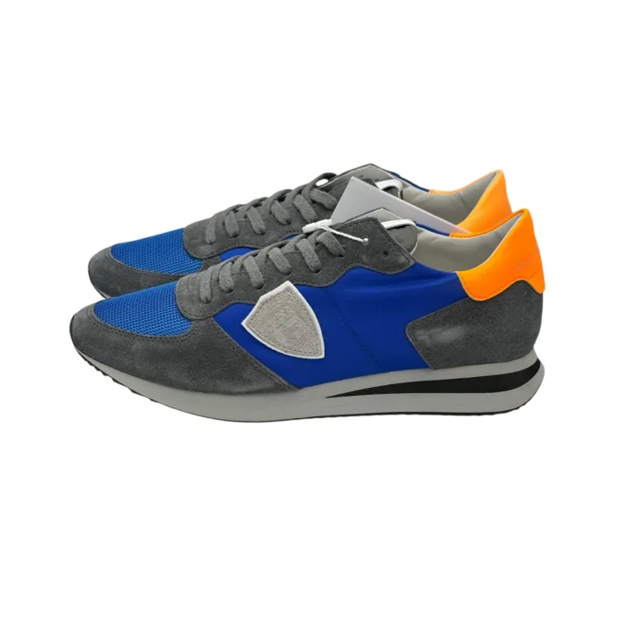 Sneakers Uomo Philippe Model In Tessuto Blu Camoscio Grigio Spoiler Arancio Fluo cod. TZLU WN56, foto 4 di 6