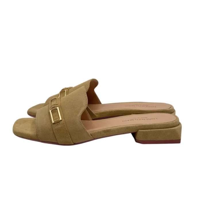 Ciabatta Lorenzo Mari InCamoscio Beige Fibbia Oro Tacco 3 cm art. Samu Mag 39, foto 4 di 5