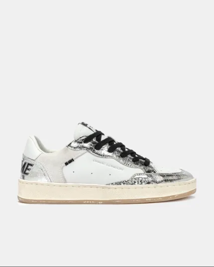Sneaker Donna Crime London Chelsea in Pelle Bianca con inserti Glitter Argento e back Bianco art. 20205PP7.25