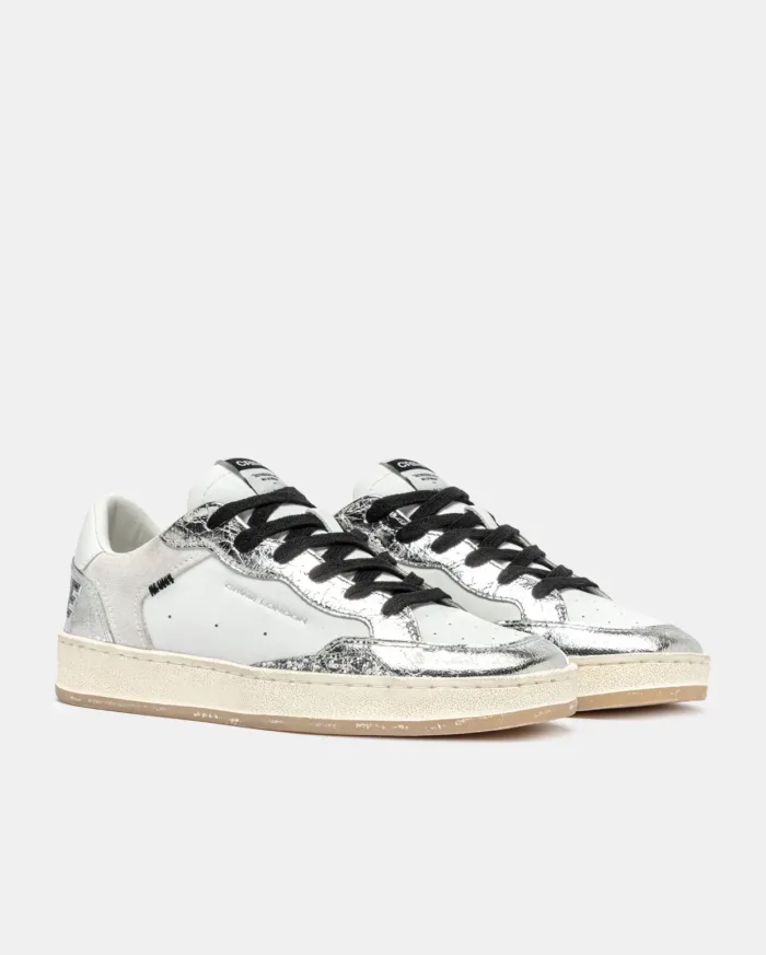 Sneaker Donna Crime London Chelsea in Pelle Bianca con inserti Glitter Argento e back Bianco art. 20205PP7.25, foto 2 di 6