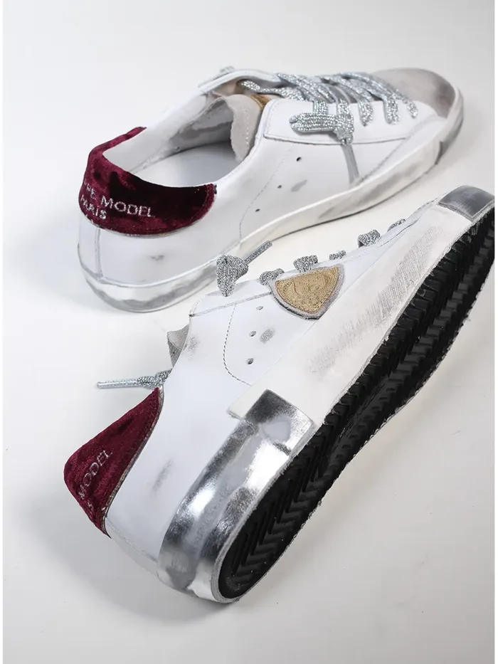 Sneakers Donna Philippe Model Paris Prsx In Pelle Bianca Spoiler Bordeaux e Linguetta Camoscio art. PRLD XE06, foto 4 di 6