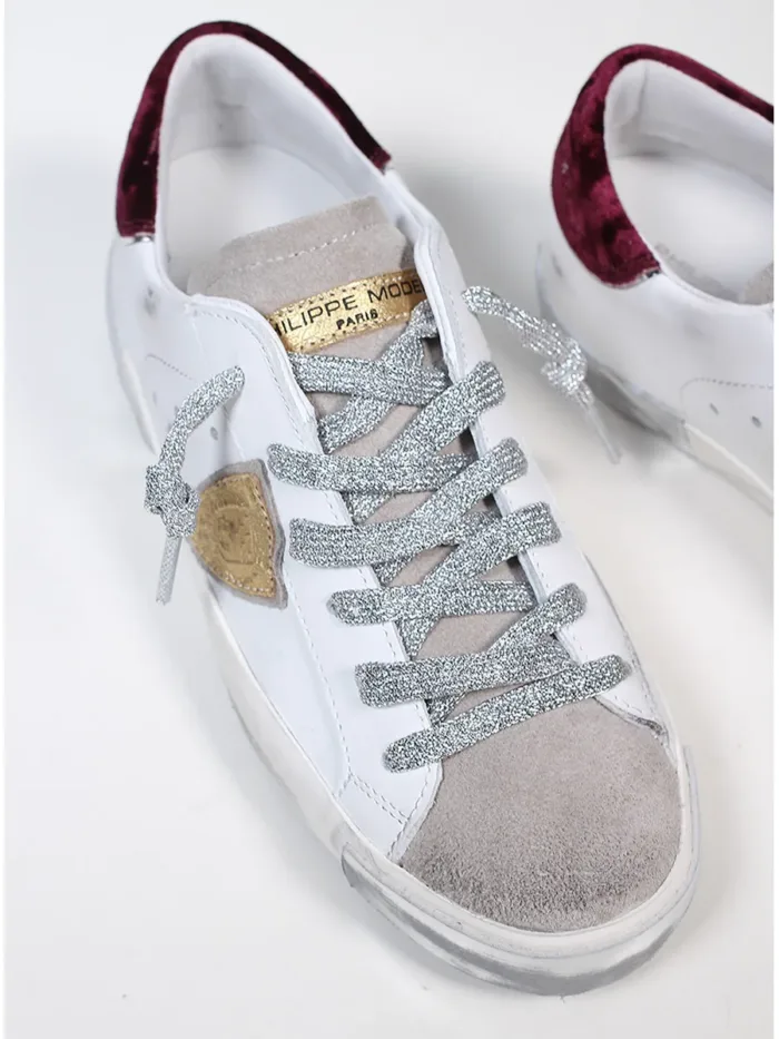 Sneakers Donna Philippe Model Paris Prsx In Pelle Bianca Spoiler Bordeaux e Linguetta Camoscio art. PRLD XE06, foto 5 di 6