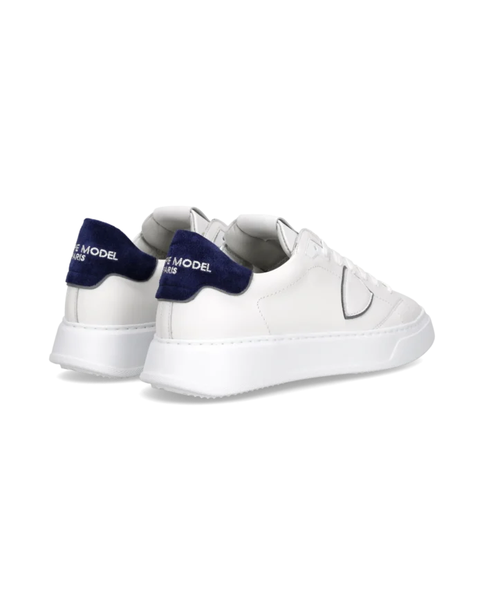 Sneaker Uomo Philippe Model Temple in Pelle Bianca e Dettagli in Camoscio Blu mod. BTLU VD23, foto 4 di 6