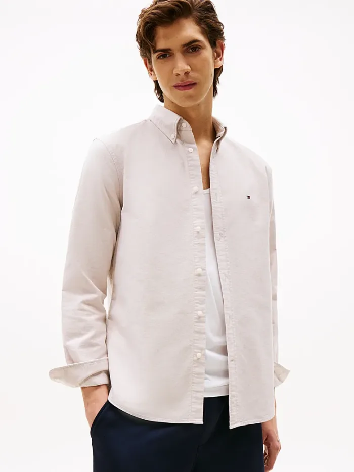 Camicia Uomo Tommy Hilfiger Oxford Regular Fit in Cotone Beige cod MW0MW35774 RBC, foto 2 di 3