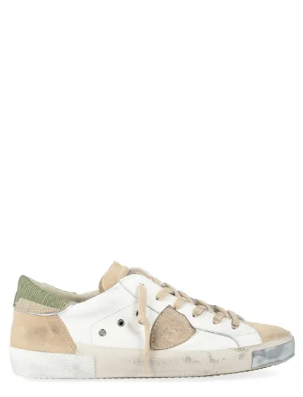 Sneakers Uomo Philippe Model Paris Prsx In Pelle Bianca Linguetta In Camoscio Beige e Dettagli Verdi art. PRLU VCR1