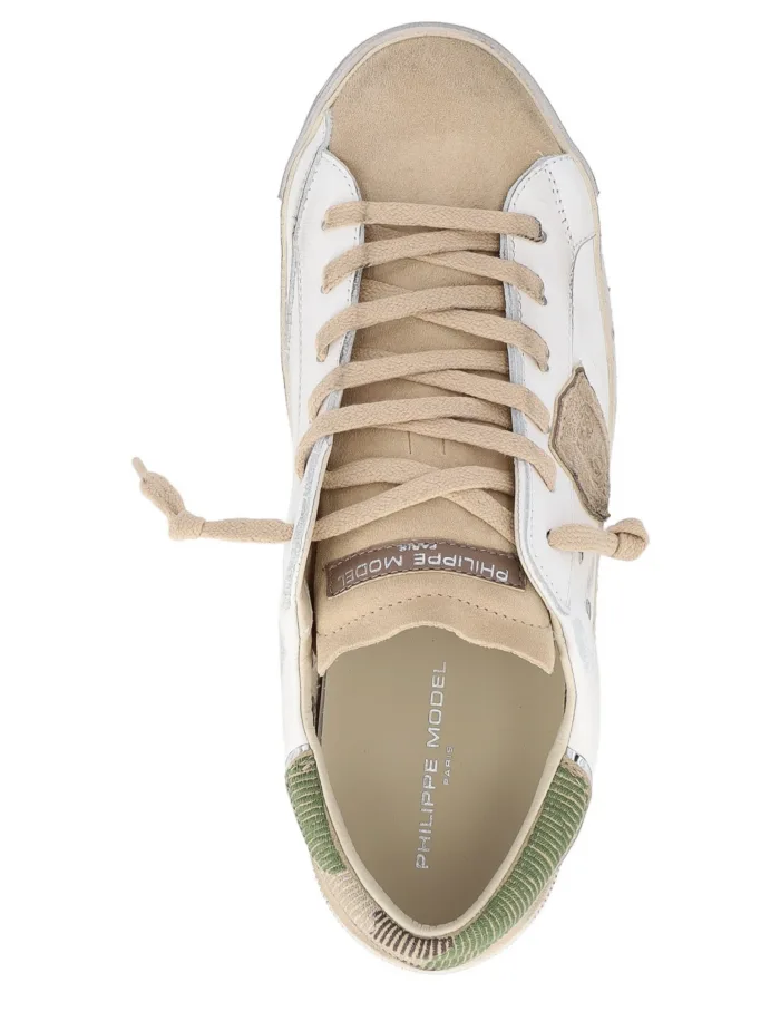 Sneakers Uomo Philippe Model Paris Prsx In Pelle Bianca Linguetta In Camoscio Beige e Dettagli Verdi art. PRLU VCR1, foto 3 di 5