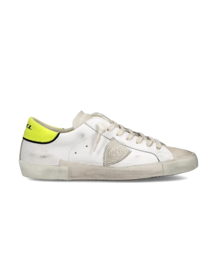 Sneakers Uomo Philippe Model Paris Prsx In Pelle Bianca Linguetta In Camoscio e Dettagli Giallo Fluo art. PRLU VTE1, foto 1 di 6