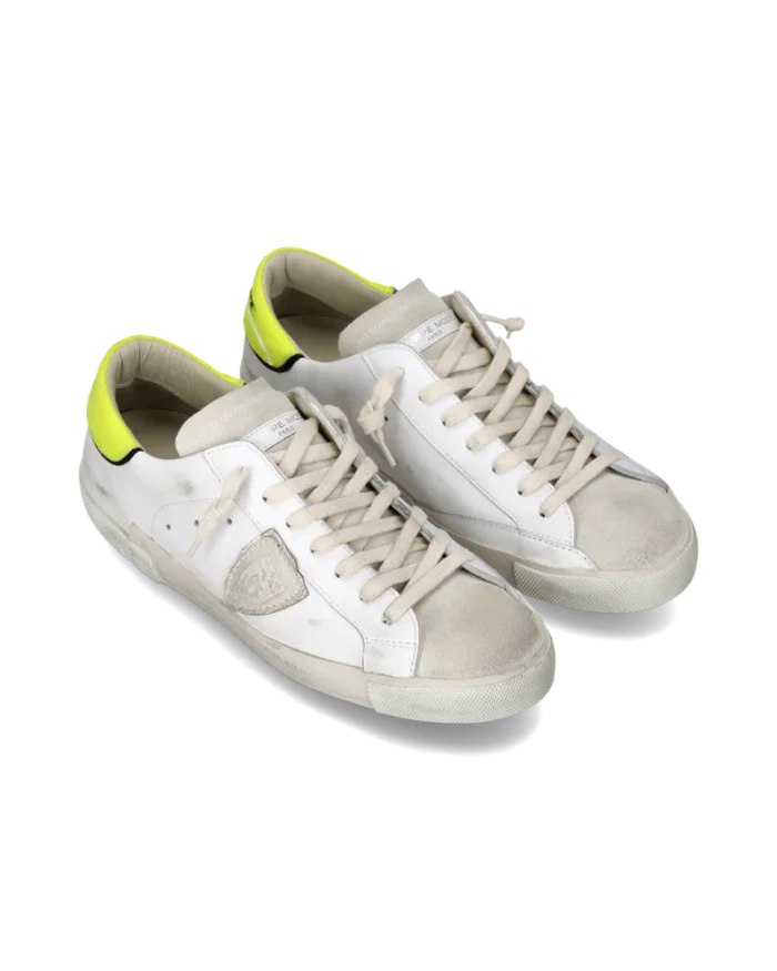 Sneakers Uomo Philippe Model Paris Prsx In Pelle Bianca Linguetta In Camoscio e Dettagli Giallo Fluo art. PRLU VTE1, foto 2 di 6