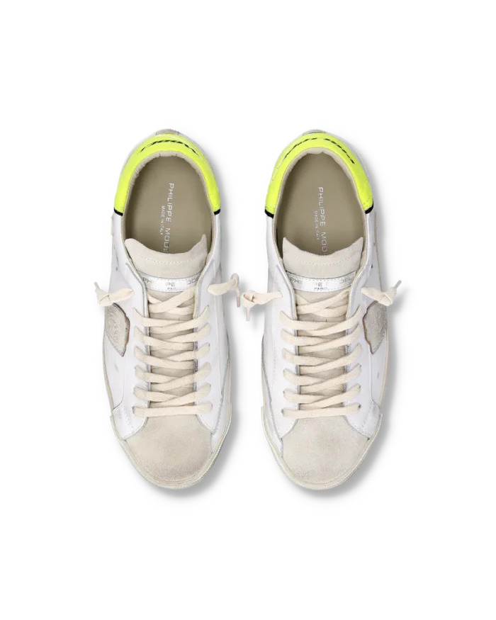 Sneakers Uomo Philippe Model Paris Prsx In Pelle Bianca Linguetta In Camoscio e Dettagli Giallo Fluo art. PRLU VTE1, foto 4 di 6