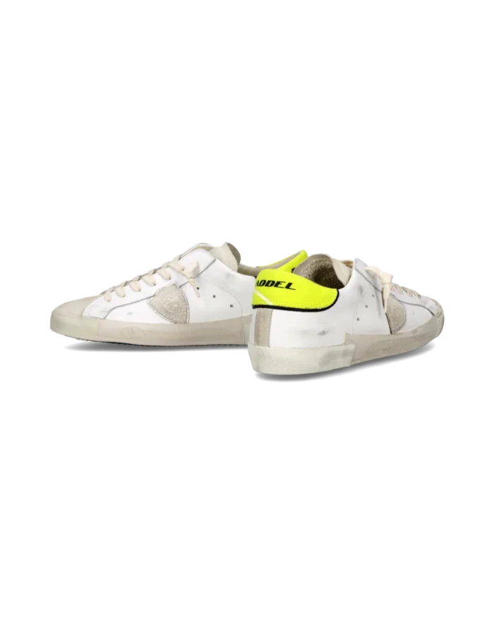 Sneakers Uomo Philippe Model Paris Prsx In Pelle Bianca Linguetta In Camoscio e Dettagli Giallo Fluo art. PRLU VTE1, foto 3 di 6