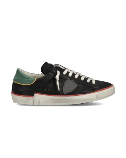 Sneakers Uomo Philippe Model Paris Prsx In Pelle Nera, Linguetta In Camoscio e Dettagli Rossi e Verdi art. PRLU VVB4
