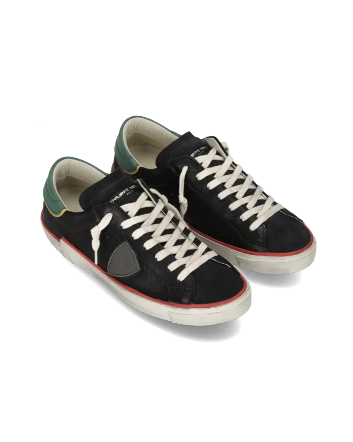 Sneakers Uomo Philippe Model Paris Prsx In Pelle Nera, Linguetta In Camoscio e Dettagli Rossi e Verdi art. PRLU VVB4, foto 2 di 5