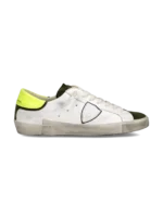 Sneakers Uomo Philippe Model Paris Prsx In Pelle Bianca, Linguetta In Camoscio Verde Spoiler Verde Fluo art. PRLU WX48