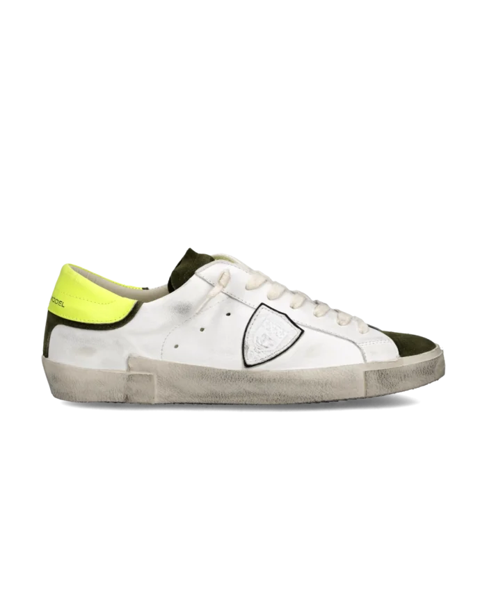 Sneakers Uomo Philippe Model Paris Prsx In Pelle Bianca, Linguetta In Camoscio Verde Spoiler Verde Fluo art. PRLU WX48, foto 1 di 6