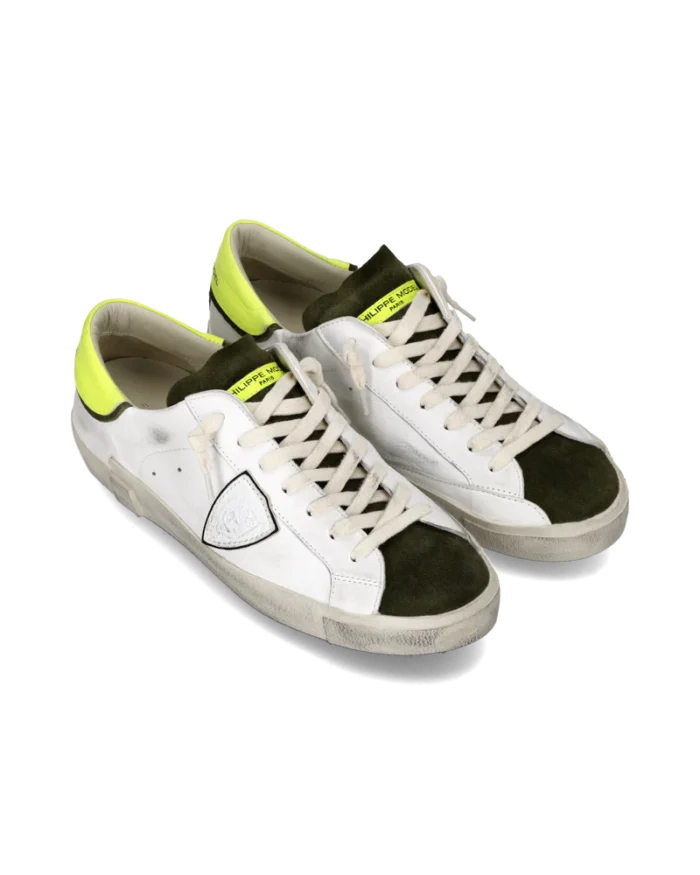 Sneakers Uomo Philippe Model Paris Prsx In Pelle Bianca, Linguetta In Camoscio Verde Spoiler Verde Fluo art. PRLU WX48, foto 2 di 6