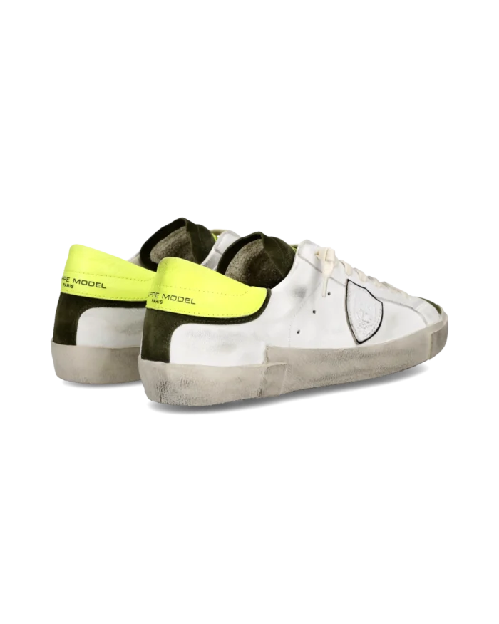 Sneakers Uomo Philippe Model Paris Prsx In Pelle Bianca, Linguetta In Camoscio Verde Spoiler Verde Fluo art. PRLU WX48, foto 4 di 6