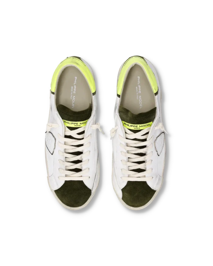 Sneakers Uomo Philippe Model Paris Prsx In Pelle Bianca, Linguetta In Camoscio Verde Spoiler Verde Fluo art. PRLU WX48, foto 3 di 6