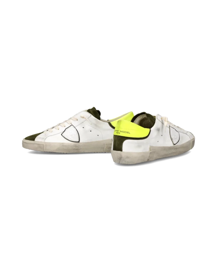 Sneakers Uomo Philippe Model Paris Prsx In Pelle Bianca, Linguetta In Camoscio Verde Spoiler Verde Fluo art. PRLU WX48, foto 5 di 6