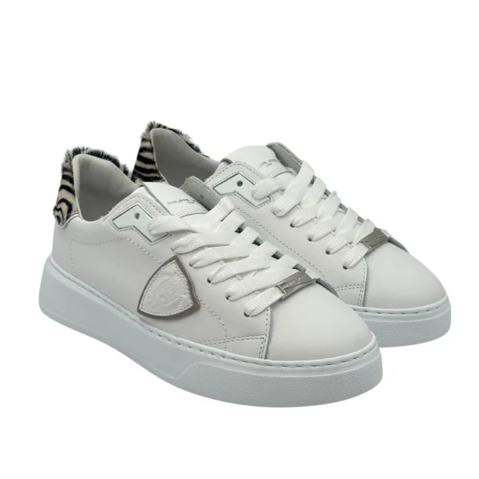 Sneakers Donna Philippe Model Temple In Pelle Bianca Spoiler Cavallino Zebrato art. BTLD VA04, foto 2 di 6