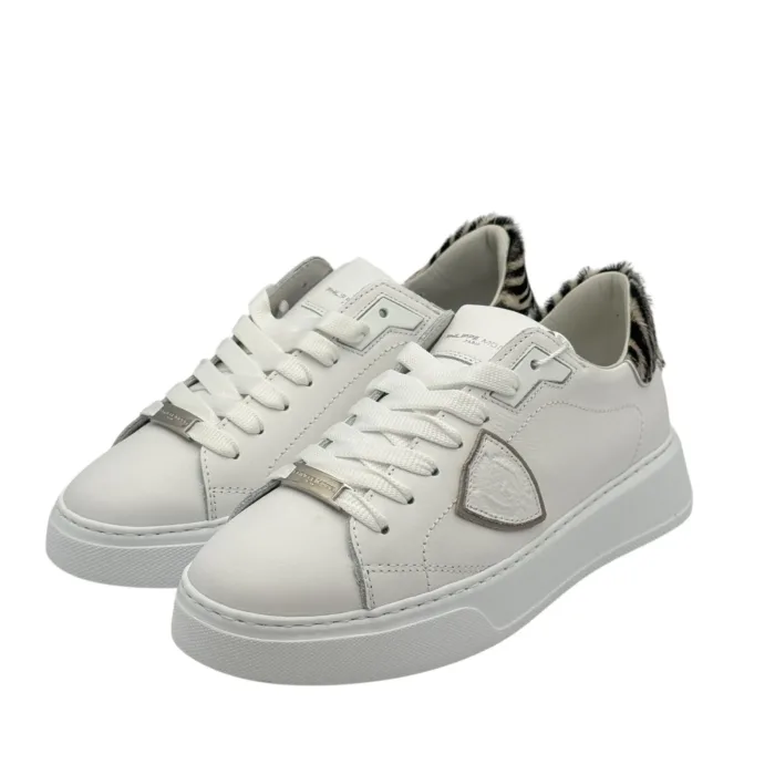 Sneakers Donna Philippe Model Temple In Pelle Bianca Spoiler Cavallino Zebrato art. BTLD VA04, foto 5 di 6