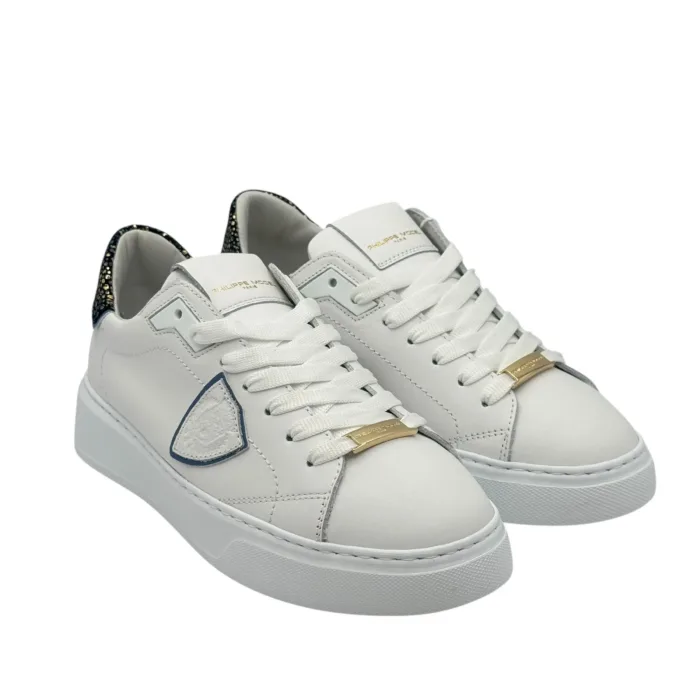 Sneakers Donna Philippe Model Temple In Pelle Bianca Spoiler Nero e Oro art. BTLD VML2, foto 2 di 6