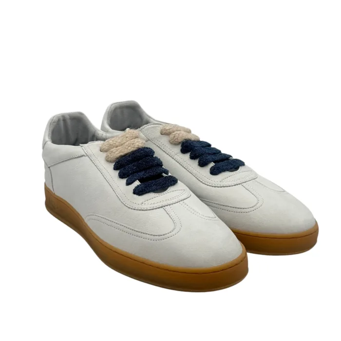 Sneakers Invernale Uomo Soldini In Pelle Avorio, Lacci e Plantare in Lanetta art. Akira Nabuk Bianco 1243 Blu, foto 2 di 7