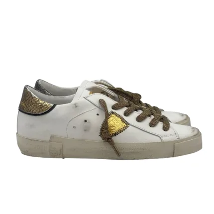 Sneakers Donna Philippe Model Paris Prsx In Pelle Bianca Dettagli Oro e Neri art. PRLD VMP4