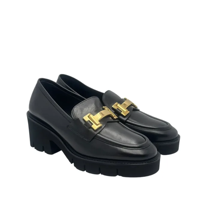 Mocassino Luca Grossi In Pelle Nera con Accessorio Morsetto Oro Tacco 6,5 cm art. K674M, foto 2 di 6
