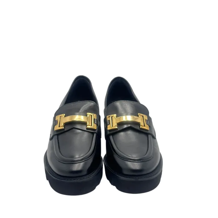 Mocassino Luca Grossi In Pelle Nera con Accessorio Morsetto Oro Tacco 6,5 cm art. K674M, foto 3 di 6